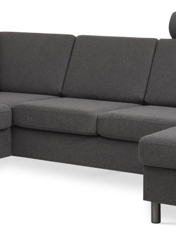 Pannesett 4 U OE venstre sofa med sjeselong - antrasittgr polyesterstoff og brstet aluminium