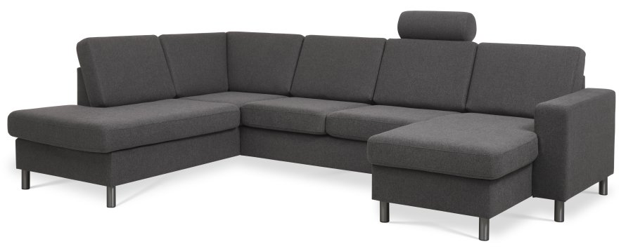 Pannesett 4 U OE venstre sofa med sjeselong - antrasittgr polyesterstoff og brstet aluminium