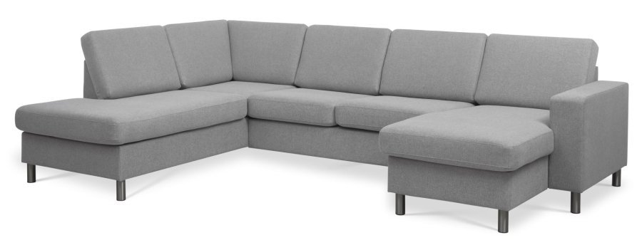 Pannesett 4 U OE venstre sofa med sjeselong - grtt polyesterstoff og brstet aluminium