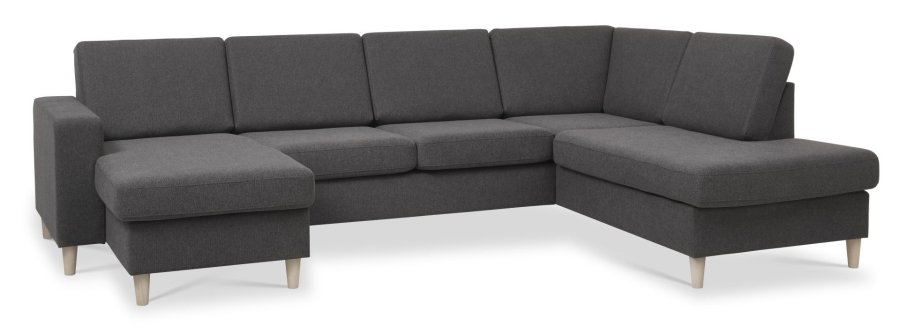 Pannesett 5 U OE hyre sofa med sjeselong - antrasittgr polyesterstoff og naturlig tre