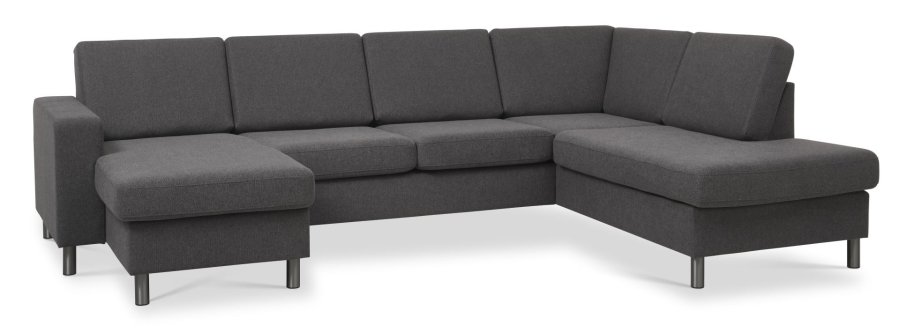 Pannesett 5 U OE hyre sofa med sjeselong - antrasittgr polyesterstoff og brstet aluminium