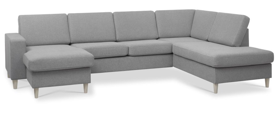 Pannesett 5 U OE hyre sofa med sjeselong - grtt polyesterstoff og naturlig tre
