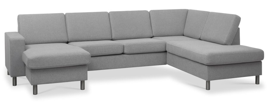 Pannesett 5 U OE hyre sofa med sjeselong - grtt polyesterstoff og brstet aluminium
