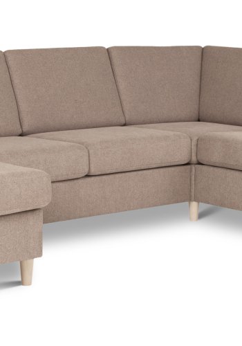 Pannesett 6 U 2C3D sofa med sjeselong - antilope beige polyesterstoff og naturlig tre