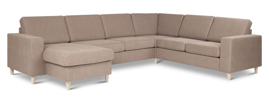 Pannesett 6 U 2C3D sofa med sjeselong - antilope beige polyesterstoff og naturlig tre