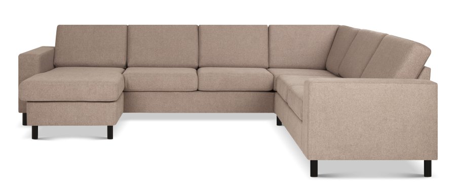 Pannesett 6 U 2C3D sofa med sjeselong - antilope beige polyesterstoff og svart tre