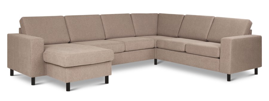 Pannesett 6 U 2C3D sofa med sjeselong - antilope beige polyesterstoff og svart tre