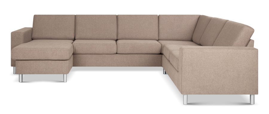 Pannesett 6 U 2C3D sofa med sjeselong - antilope beige polyesterstoff og brstet aluminium