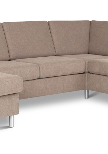 Pannesett 6 U 2C3D sofa med sjeselong - antilope beige polyesterstoff og brstet aluminium