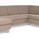 Pannesett 6 U 2C3D sofa med sjeselong - antilope beige polyesterstoff og brstet aluminium