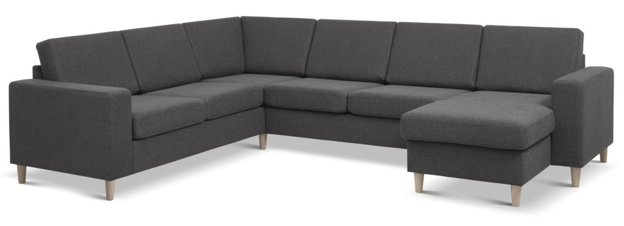 Pannesett 6 U 2C3D sofa med sjeselong - antrasittgr polyesterstoff og naturlig tre