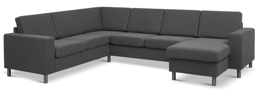 Pannesett 6 U 2C3D sofa med sjeselong - antrasittgr polyesterstoff og brstet aluminium