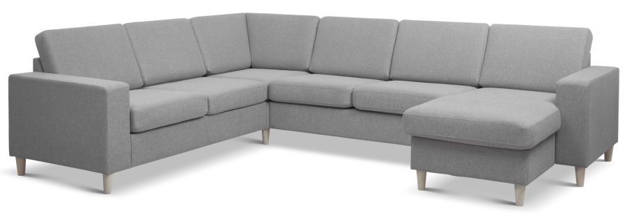 Pannesett 6 U 2C3D sofa med sjeselong - grtt polyesterstoff og naturlig tre