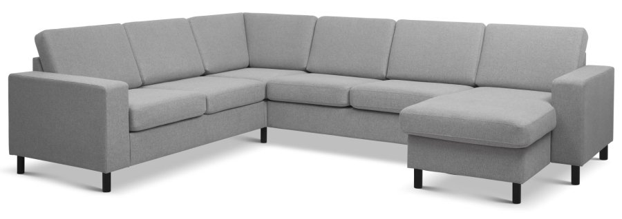 Pannesett 6 U 2C3D sofa med sjeselong - grtt polyesterstoff og sort tre