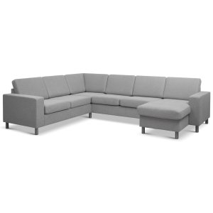 Pan set 6 U 2C3D sofa med chaiselong - gr polyester stof og brstet aluminium