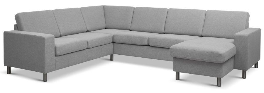 Pannesett 6 U 2C3D sofa med sjeselong - grtt polyesterstoff og brstet aluminium