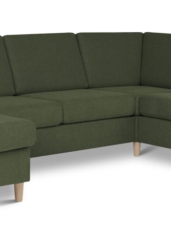 Pannesett 6 U 2C3D sofa med sjeselong - vinter mosegrnt polyesterstoff og naturlig tre