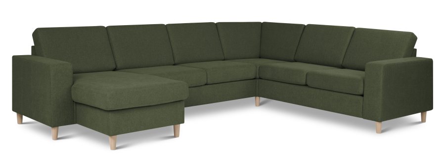 Pannesett 6 U 2C3D sofa med sjeselong - vinter mosegrnt polyesterstoff og naturlig tre