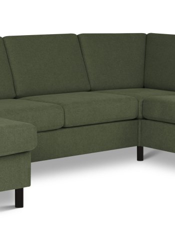 Pannesett 6 U 2C3D sofa med sjeselong - vinter mosegrnt polyesterstoff og sort tre