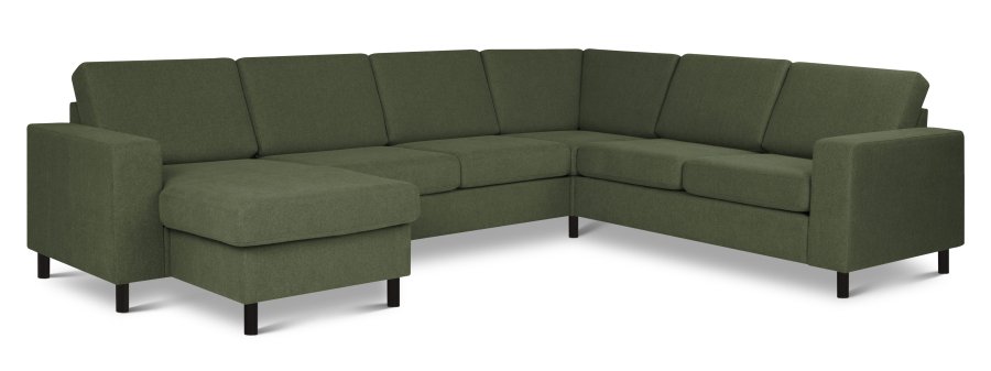 Pannesett 6 U 2C3D sofa med sjeselong - vinter mosegrnt polyesterstoff og sort tre