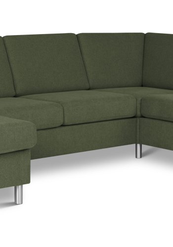 Pannesett 6 U 2C3D sofa med sjeselong - vinter mosegrnt polyesterstoff og brstet aluminium