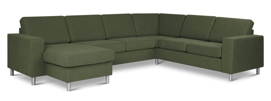 Pannesett 6 U 2C3D sofa med sjeselong - vinter mosegrnt polyesterstoff og brstet aluminium