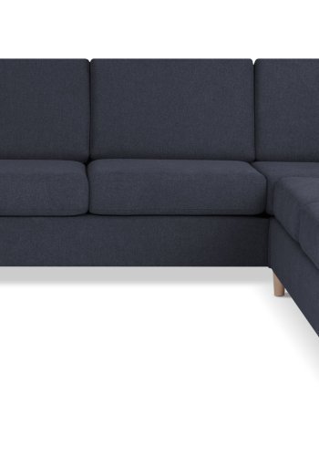 Pannesett 6 U 2C3D sofa med sjeselong - bltt polyesterstoff og naturlig tre
