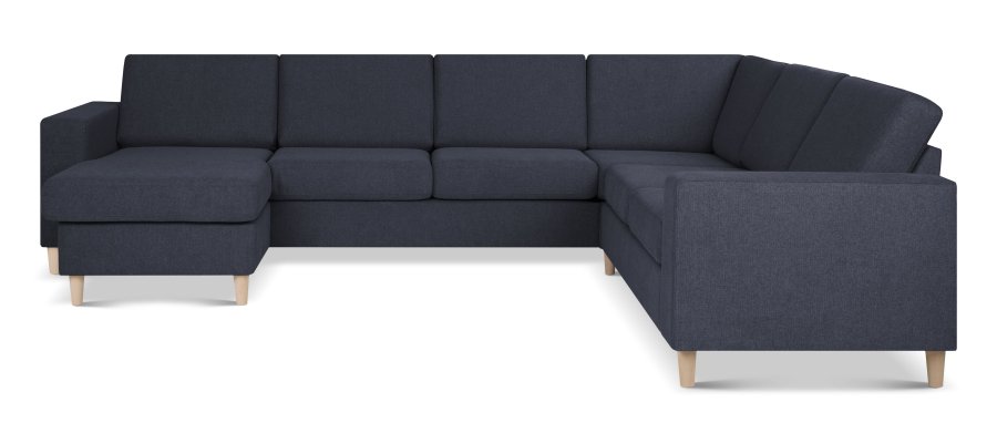 Pannesett 6 U 2C3D sofa med sjeselong - bltt polyesterstoff og naturlig tre