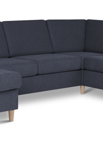 Pannesett 6 U 2C3D sofa med sjeselong - bltt polyesterstoff og naturlig tre