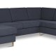 Pannesett 6 U 2C3D sofa med sjeselong - bltt polyesterstoff og naturlig tre