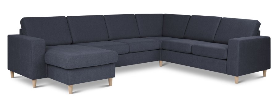 Pannesett 6 U 2C3D sofa med sjeselong - bltt polyesterstoff og naturlig tre