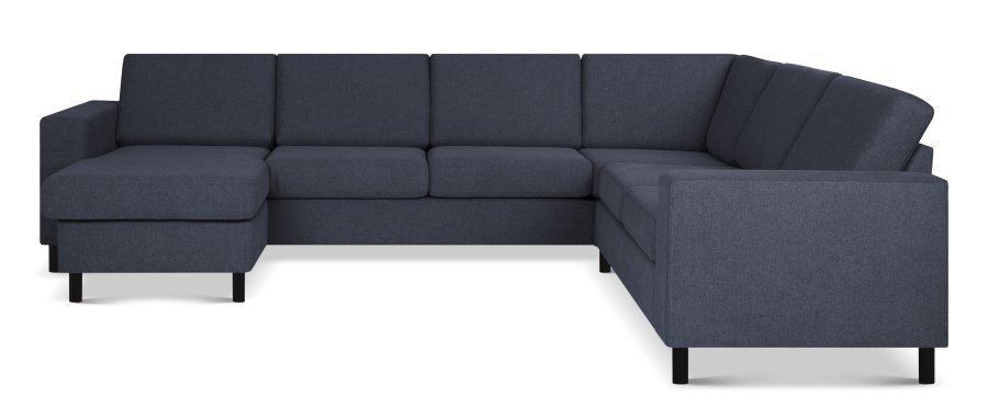 Pannesett 6 U 2C3D sofa med sjeselong - bltt polyesterstoff og sort tre