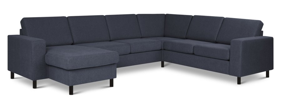Pannesett 6 U 2C3D sofa med sjeselong - bltt polyesterstoff og sort tre