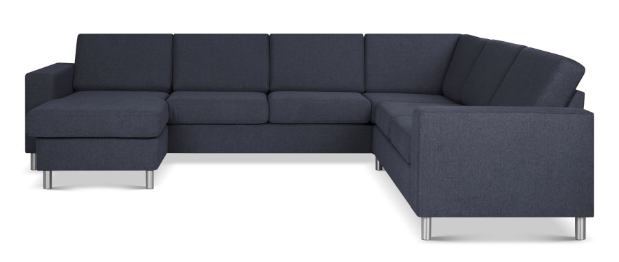 Pannesett 6 U 2C3D sofa med sjeselong - bltt polyesterstoff og brstet aluminium