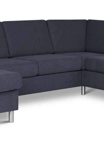Pannesett 6 U 2C3D sofa med sjeselong - bltt polyesterstoff og brstet aluminium