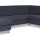 Pannesett 6 U 2C3D sofa med sjeselong - bltt polyesterstoff og brstet aluminium