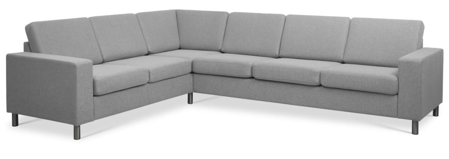 Pannesett 7 hjrnesofa - gr polyesterstoff og brstet aluminium
