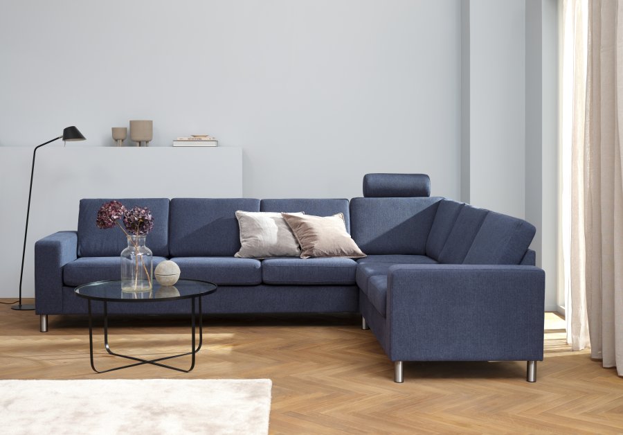 Pannesett 7 hjrnesofa - bl polyesterstoff og brstet aluminium