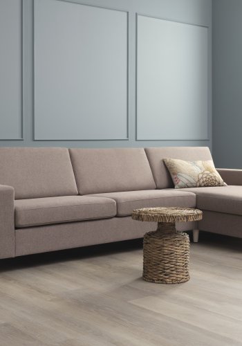 Pan sett 8 3D XL sofa, med sjeselong - antilope beige polyesterstoff og naturlig tre
