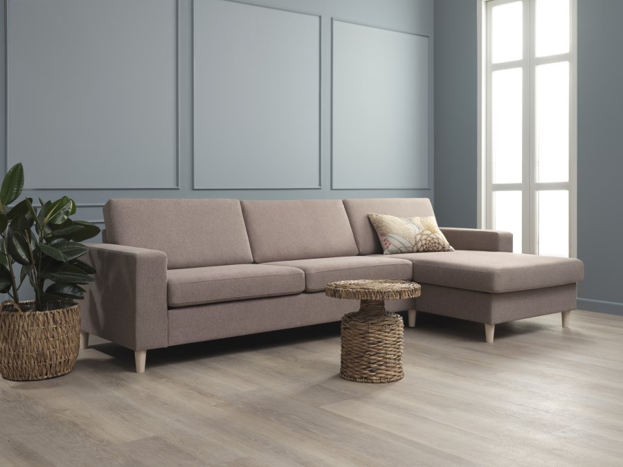 Pan sett 8 3D XL sofa, med sjeselong - antilope beige polyesterstoff og naturlig tre