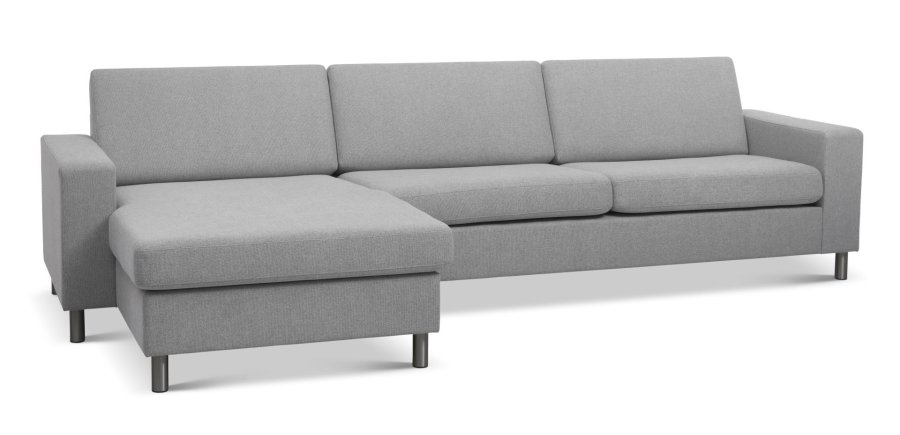 Pannesett 8 3D XL sofa, med sjeselong - grtt polyesterstoff og brstet aluminium