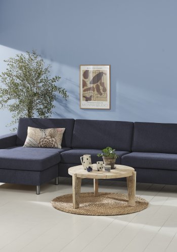 Pannesett 8 3D XL sofa, m. sjeselong - bltt polyesterstoff og brstet aluminium