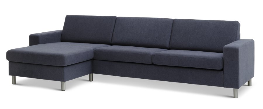 Pannesett 8 3D XL sofa, m. sjeselong - bltt polyesterstoff og brstet aluminium