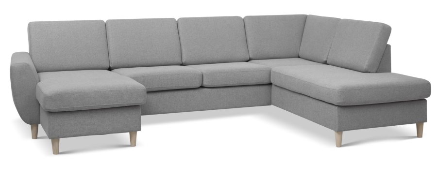 Wendy sett 5 U OE hyre sofa, m. sjeselong - grtt polyesterstoff og naturlig tre
