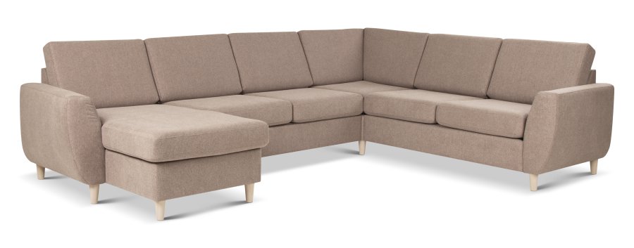 Wendy sett 6 U 2C3D sofa, med sjeselong - antilope beige polyesterstoff og naturlig tre