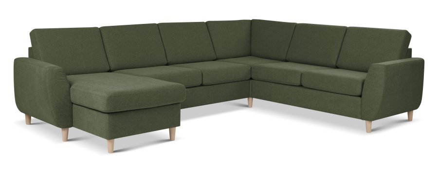 Wendy sett 6 U 2C3D sofa, m. sjeselong - vinter mosegrnt polyesterstoff og naturlig tre