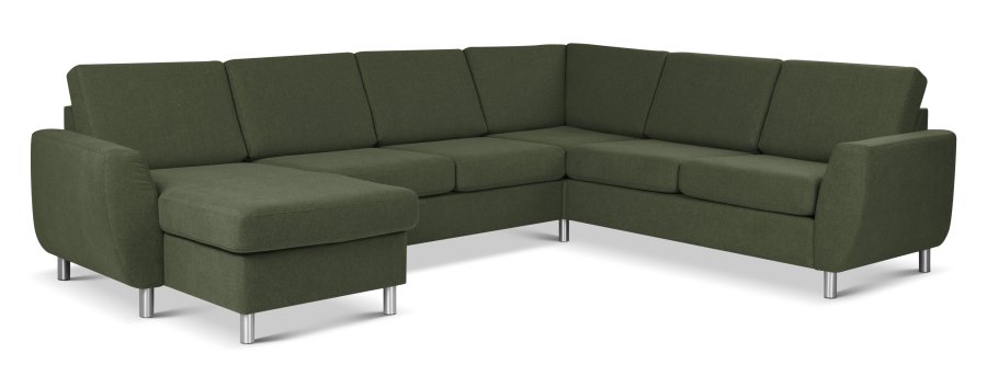Wendy sett 6 U 2C3D sofa, m. sjeselong - vinter mosegrnt polyesterstoff og brstet aluminium