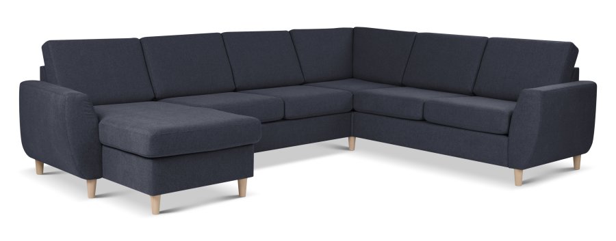 Wendy sett 6 U 2C3D sofa, med sjeselong - bltt polyesterstoff og naturlig tre