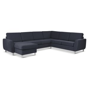 Wendy set 6 U 2C3D sofa, m. chaiselong - bl polyester stof og brstet aluminium