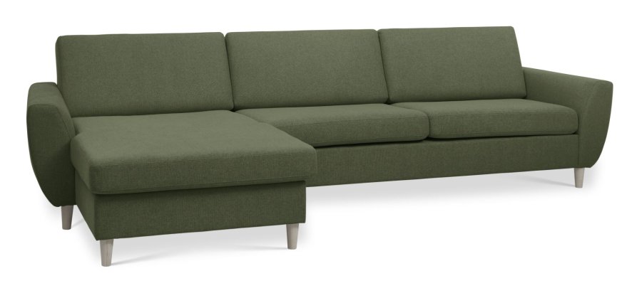 Wendy sett 8 3D XL sofa, m. sjeselong - vinter mosegrnt polyesterstoff og naturlig tre